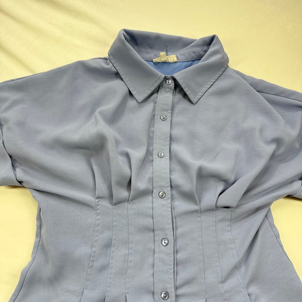Entro Periwinkle Blue Button Down Pintuck Waist Mini Shirt Dress Short Sleeve L - Picture 15 of 16
